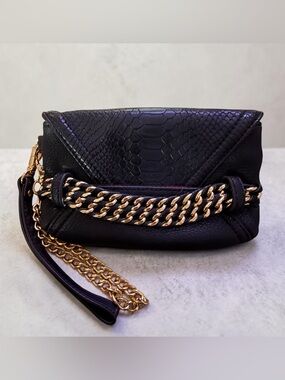 Vintage Cache black snakeskin gold chain detail cutch/wristlet